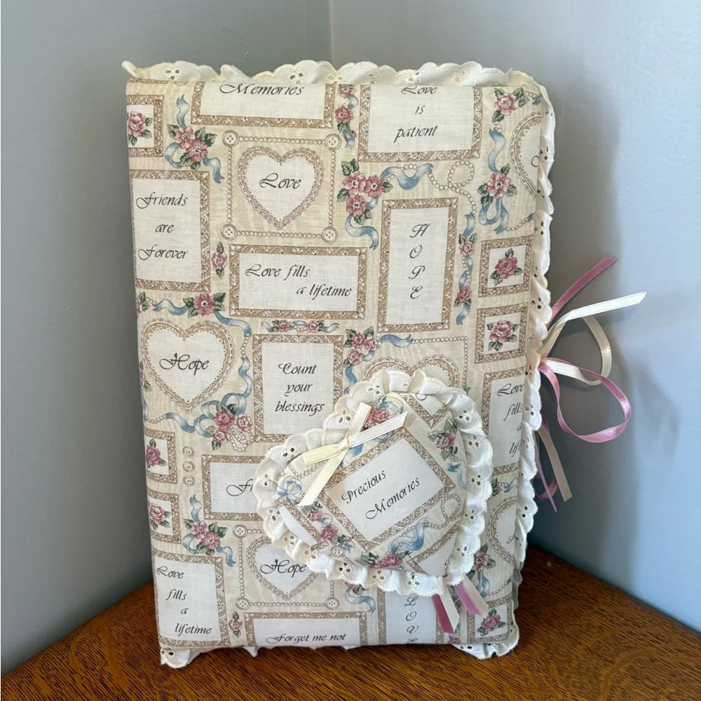 Vintage Fabric Covered Photo Album Shabby Chic Bow Heart Eyelet Scalloped Edge